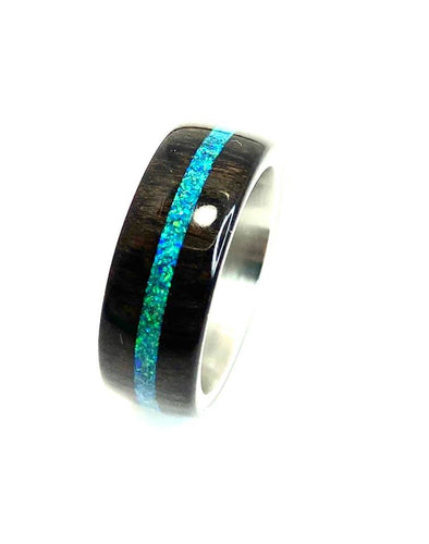 Wooden Ring | Gabon Ebony Wood with Pacific Blue Opal Inlay Ring
