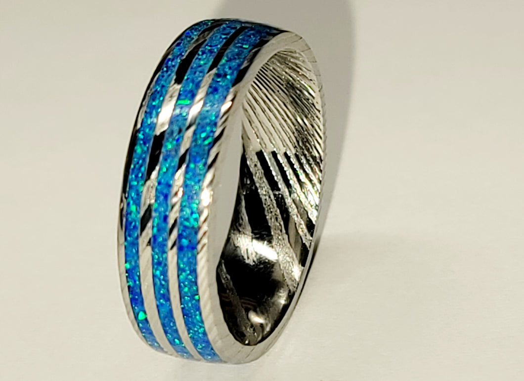 Stainless Steel Damascus with Cobalt Blue Opal