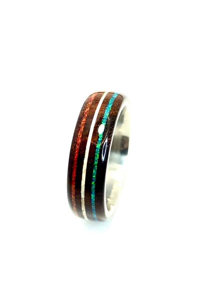 Wooden Ring | Katalox with Red white and Blue Opal Inlay Ring