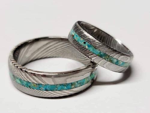 Stainless steel Damascus set with turquoise inlay