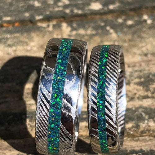 Stainless Steel Damascus wedding set with Black Emerald Opal